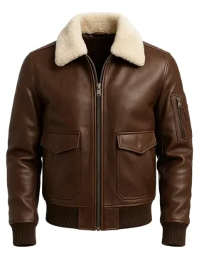 Mens Detachable Fur Collar Pilot Leather Jacket