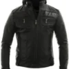 Mens Detachable Hood Biker Leather Jacket