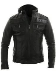 Mens Detachable Hood Biker Leather Jacket
