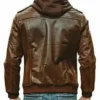 Mens Distressed Brown Detach Hood Vintage Bomber Leather Jacket