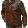 Mens Distressed Brown Detach Hood Vintage Leather Jacket