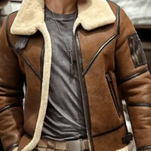 Mens Distressed Brown Shearling Fur Flight Aviator B3 Bomber Genuine Leather Jacket Sale