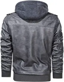 Mens Grey Removable Hood Leather Jacket Back