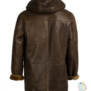 Mens Hook Closure Brown Leather Coat With Hood Back Side