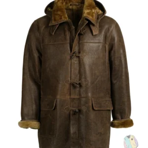 Mens Hook Closure Brown Leather Coat With Hood on Sale