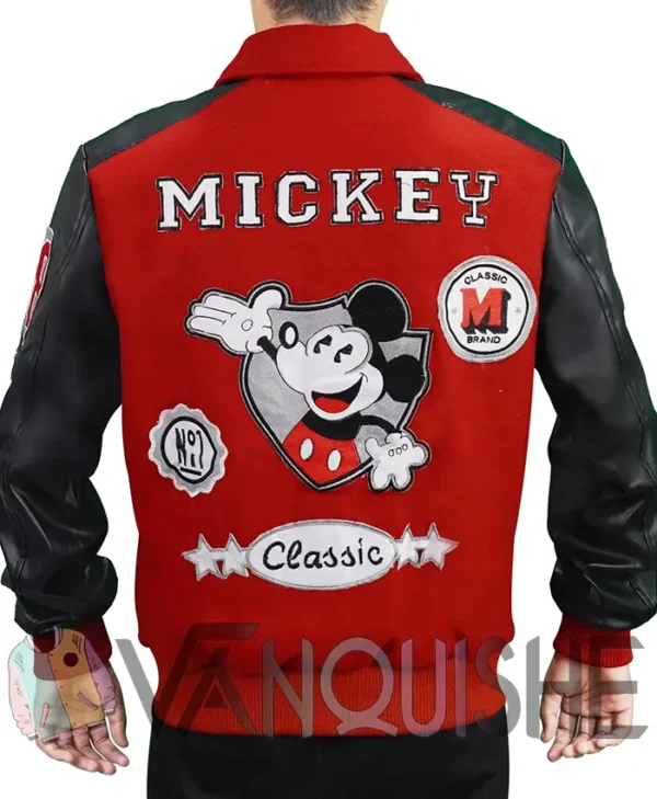 Mens MJ Micky Mouse Wool PU Leather Sleeves Letterman Varsity Bomber Jacket back