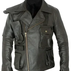 Mens One Half Sleeve Asymmetrical Zipper Black Real Leather Jacket