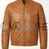 Mens Plain Blank Tan Brown Bomber Leather Jacket front