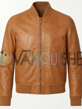 Mens Plain Blank Tan Brown Bomber Leather Jacket front