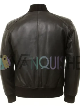 Mens Quilted Shoulder Black Bomber Leather Jacket BACK