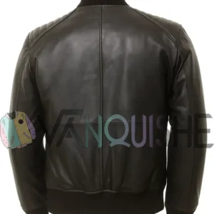 Mens Quilted Shoulder Black Bomber Leather Jacket BACK