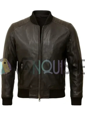 Mens Quilted Shoulder Black Bomber Leather Jacket front
