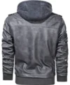 Mens Removable Hood Grey Leather Jacket back