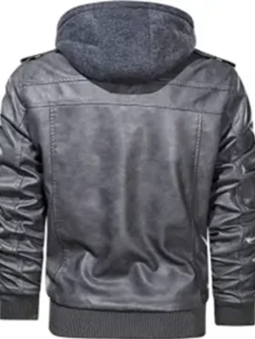Mens Removable Hood Grey Leather Jacket back