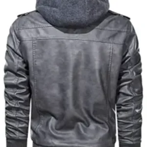 Mens Removable Hood Grey Leather Jacket back