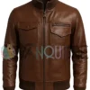 Mens Rib Knitted Erect Collar Bomber Leather Jacket front