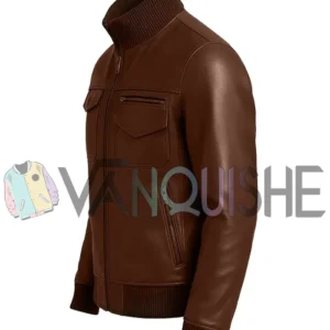 Mens Rib Knitted Erect Collar Bomber Leather Jacket left