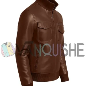Mens Rib Knitted Erect Collar Bomber Leather Jacket right