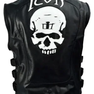 Mens Skull Logo Printed Black Leather Vest