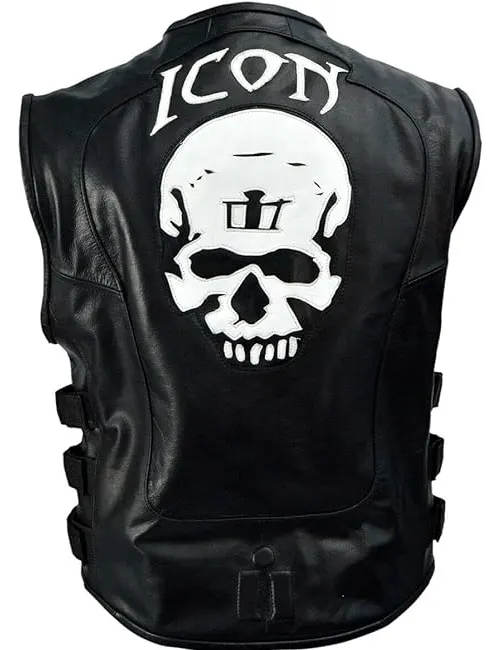 Mens Skull Logo Printed Black Leather Vest
