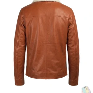 Men's Tan Brown Leather Jacket with White Fur Collar