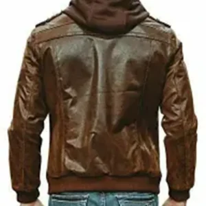 Mens Vintage Distressed Brown Detach Hood Bomber Jacket back