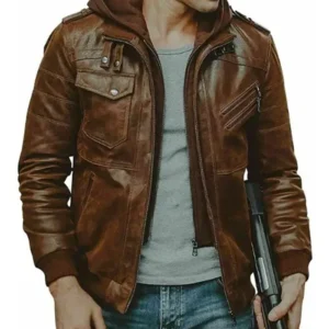 Mens Vintage Distressed Brown Detach Hood Bomber Jacket front