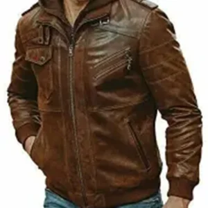 Mens Vintage Distressed Brown Detach Hood Bomber Jacket left