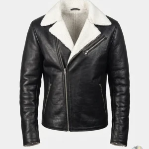 Mens White Shearling Fur Black Real Leather Jacket Front Look
