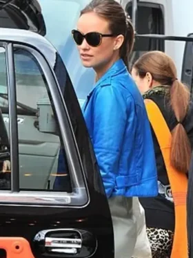 Olivia Wilde Blue Biker Jacket left