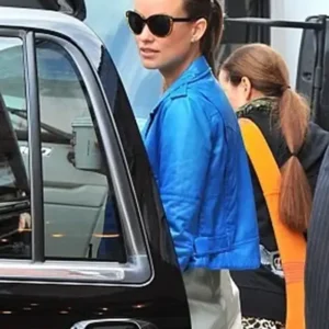 Olivia Wilde Blue Biker Jacket left