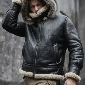 Richard Hooded Shearling Fur Warm B3 Bomber Parka Leather Jacket