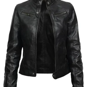 Womens Belted Collar Slim Fit Black Biker Genuine Leather Jacket
