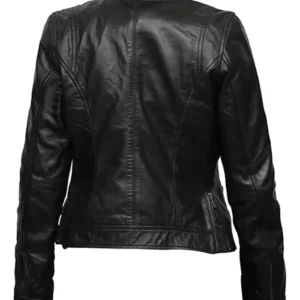 Womens Belted Collar Slim Fit Black Biker Genuine Leather Jacket For Sale