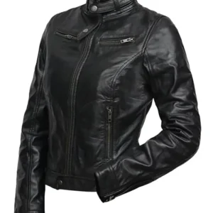 Womens Belted Collar Slim Fit Black Biker Genuine Leather Jacket Sale