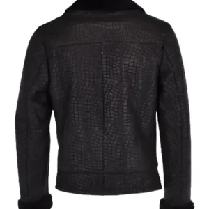Womens Shearling Fur Asymmetrical Zipper Black Snake Biker Genuine Leather Jacket