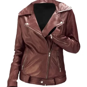 Womens Slim Fit Brown Asymmetrical Zipper Biker Genuine Leather Jacket Sale
