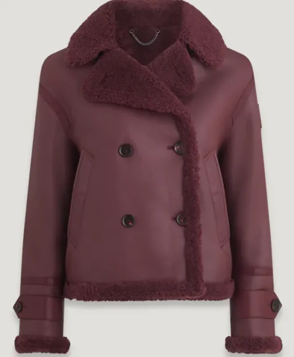 Ava Shearling Burgundy Waist Double Breasted Jacket