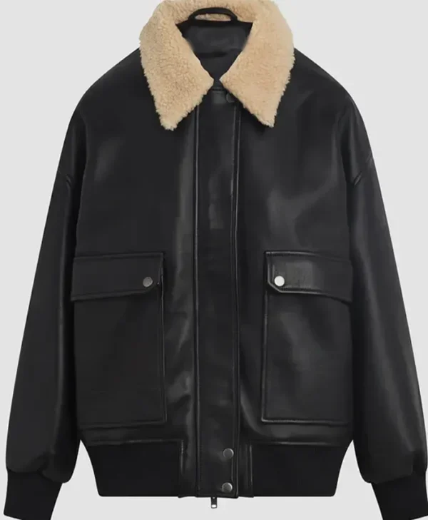 Brandie Shearling Genuine Leather Bomber Jacket On Sale