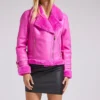 Brianne Women's Shearling Belted Cuffs Hot Pink Moto Leather Jacket