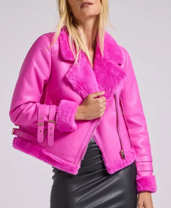 Brianne Women's Shearling Hot Pink Moto Leather Jacket