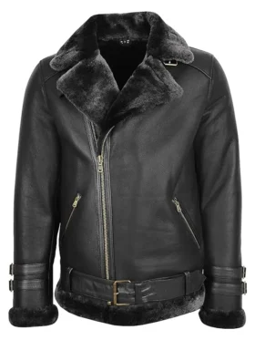 Buy Real Sheepskin Aviator Black Biker Belted Jacket For Sale Men And Women