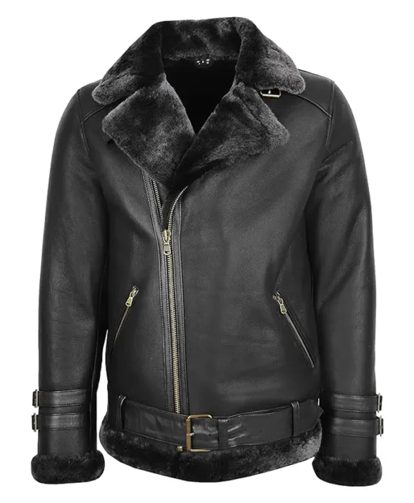 Buy Real Sheepskin Aviator Black Biker Belted Jacket For Sale Men And Women