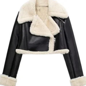 Cara Womens Shearling Retro Cropped Black Leather Jacket
