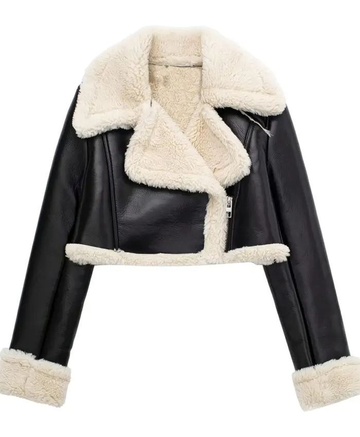 Cara Women’s Shearling Retro Cropped Black Leather Jacket