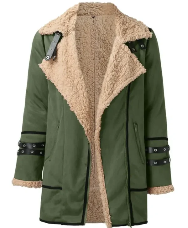 Danielle Shearling Asymmetrical Zipper Closure Suede Leather Green Coat