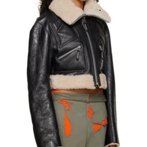 Debbie Womens Shearling Genuine Leather Black Cropped Jacket