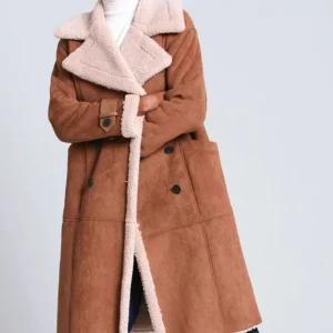 Frances Womens Shearling Suede Leather Buttoned Coat