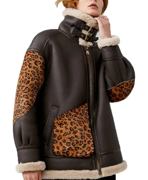 Jose Shearling Leather with Leopard Print Coffee Brown Short Coat