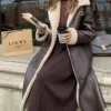 Krystal Shearling Zipper Closure Brown Leather Long Coat